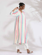 trueBrowns Off-White Cotton Multi Stripe Flared Kurta Set | Grocsy