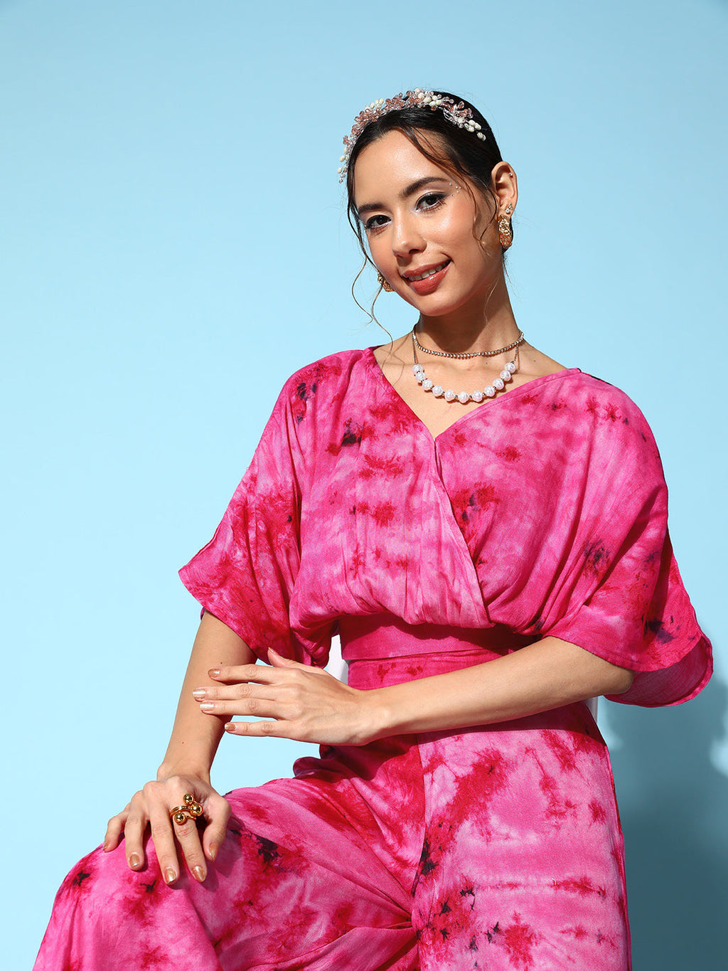 InWeave Women's Magenta Tie And Dye New Neckline Top Culottes Set | Grocsy