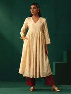 trueBrowns Ivory Geometric Floral Viscose Silk Anarkali Kurta Pant Set | Grocsy