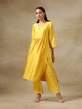 trueBrowns Yellow Textured Silk High Slit Gathered Kurta Set | Grocsy