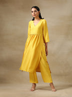 trueBrowns Yellow Textured Silk High Slit Gathered Kurta Set | Grocsy
