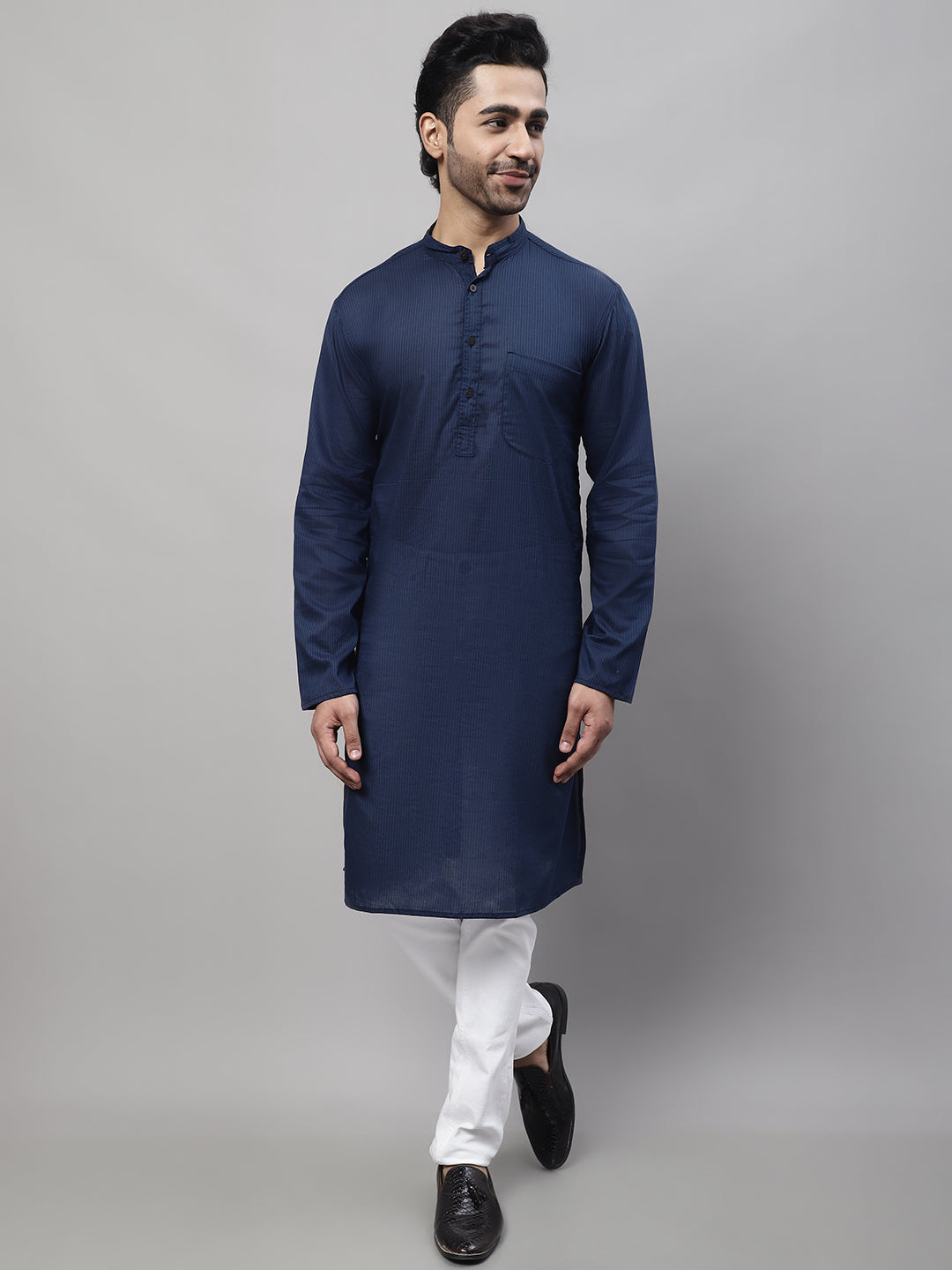 Even Apparels Blue Pure Cotton Kurta With Band Collar | Grocsy