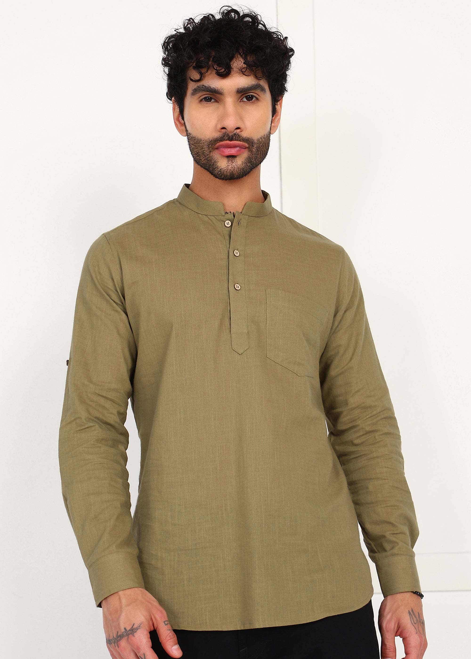 Fabmade Olive Root Linen Short Kurta | Grocsy