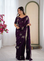 Evanik Designer Heavy Fendy Satin With Beads Embroidered Work Saree With Unstitched Blouse | Grocsy
