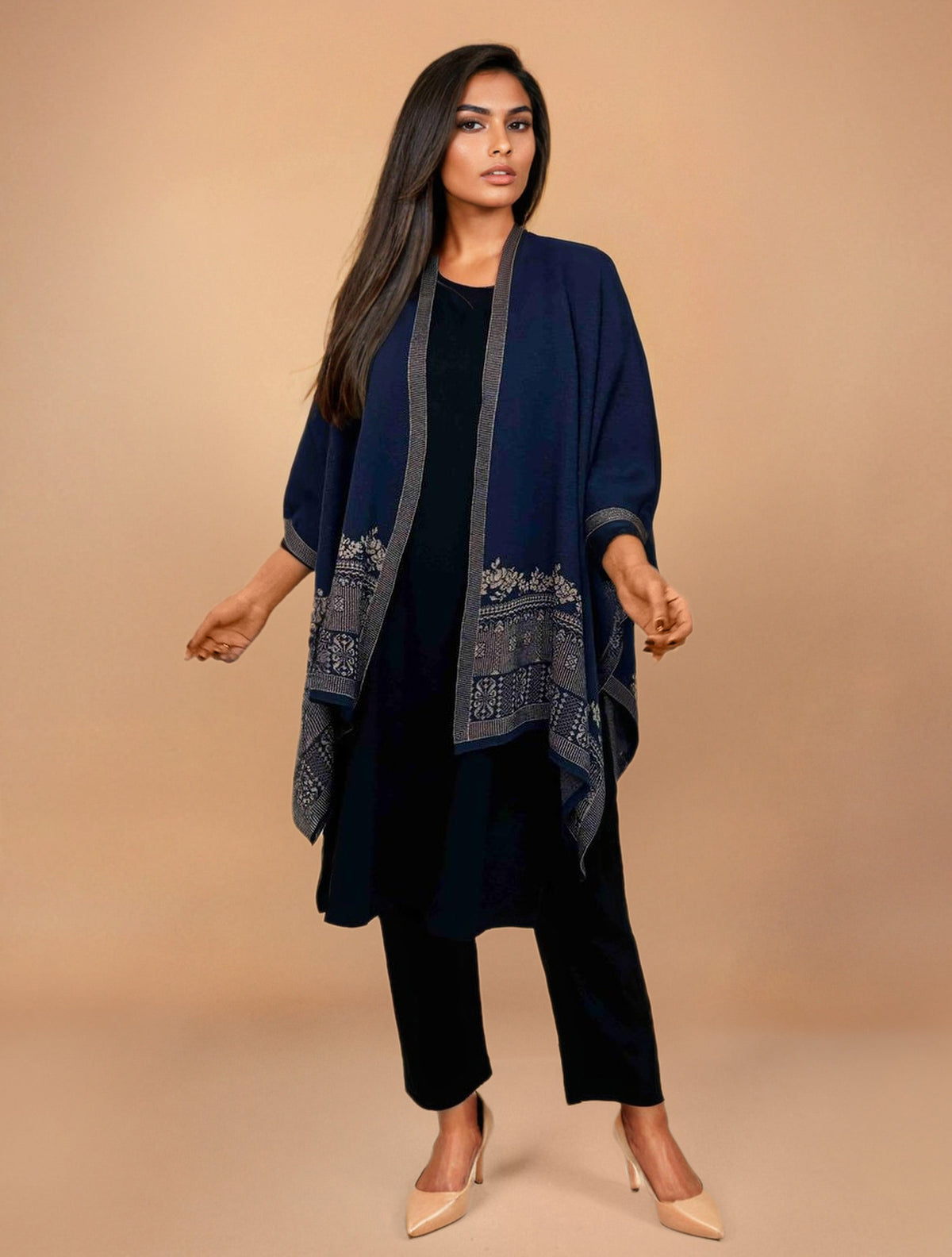 trueBrowns Blue Woollen Kaftan Cape | Grocsy