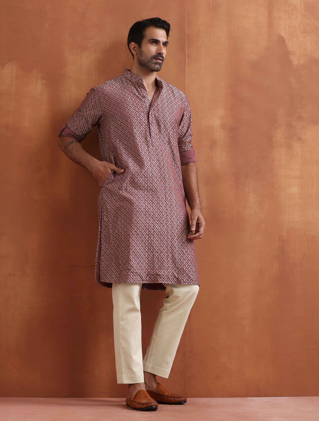 trueBrowns Men's Purple Cotton Dobby Kurta | Grocsy