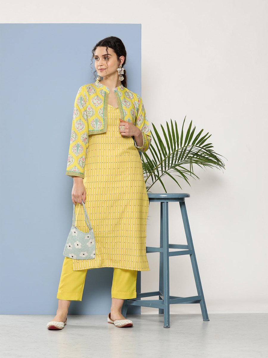 Ahalyaa Women Yellow Floral Printed Kurta with Trousers & Jacket | Grocsy