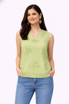 Myshka Women Green Pure Cotton Embroidered Sleeveless Regular Top | Grocsy