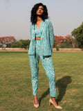 trueBrowns Turquoise Cotton Block Print Pant Suit Set | Grocsy