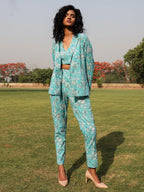 trueBrowns Turquoise Cotton Block Print Pant Suit Set | Grocsy