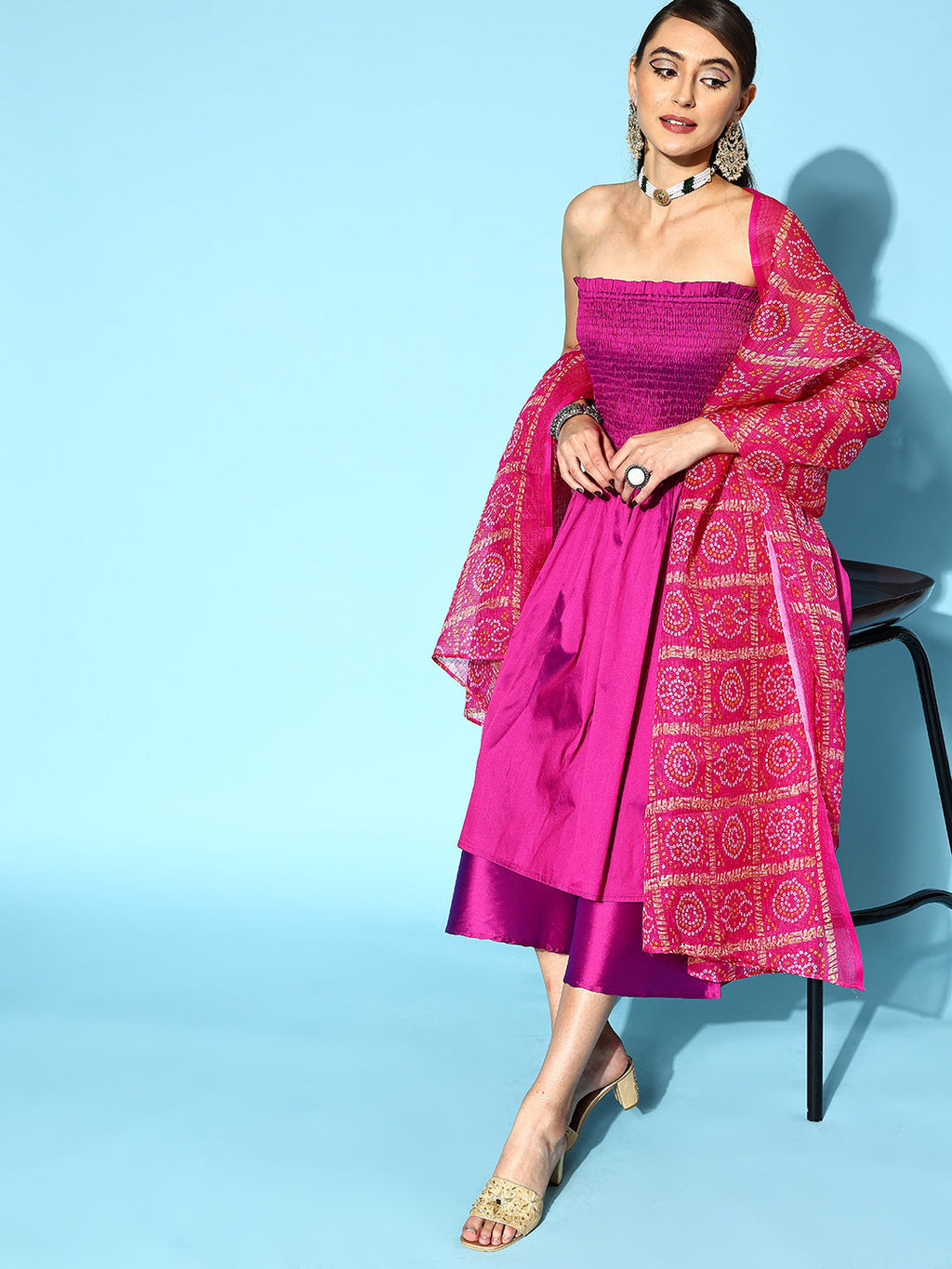 InWeave Purple Off Shoulder Silk Kurta Set -Pink Kota Bandhej Dupatta | Grocsy