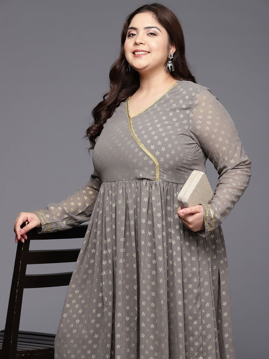 Ahalyaa Plus Size Floral Printed Zari Angrakha Kurta with Palazzos | Grocsy