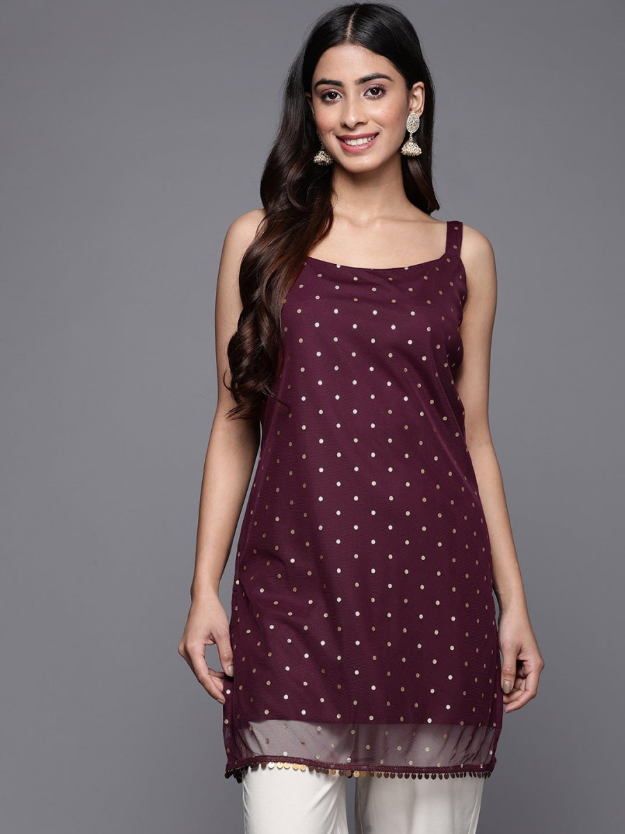 Ahalyaa Geometric Printed Net Tunic With Lace Inserts | Grocsy