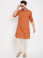 Even Apparels Orange Pure Cotton Kurta With Band Collar | Grocsy