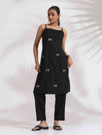trueBrowns Black Cotton Embroidered Straight Kurta Set | Grocsy