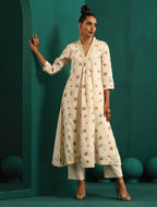trueBrowns Ivory Multi Color Floral Cotton Front Gathered Kurta Pant Set | Grocsy