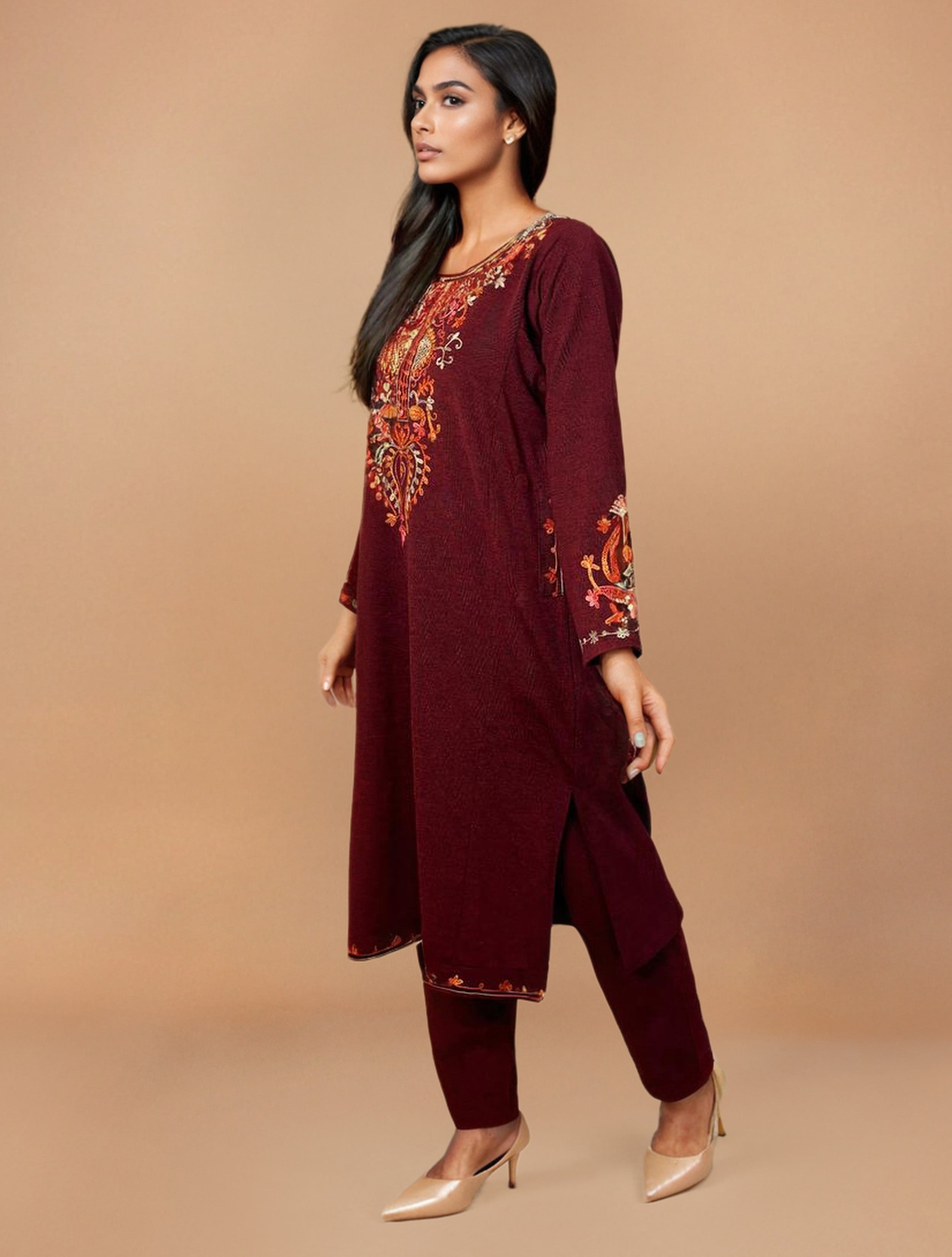 trueBrowns Maroon Embroidered Woollen Phiran Kurta Set | Grocsy