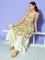 InWeave Women's Off White Yellow Floral Print Tie Up Kurta Sharara Set | Grocsy