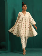 trueBrowns Ivory Multi Color Cotton Yoke Gathered Co-ord Set | Grocsy