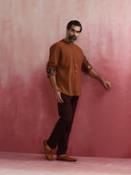 trueBrowns Men's Brown Cotton Mandarin Collar Stylized Kurta | Grocsy