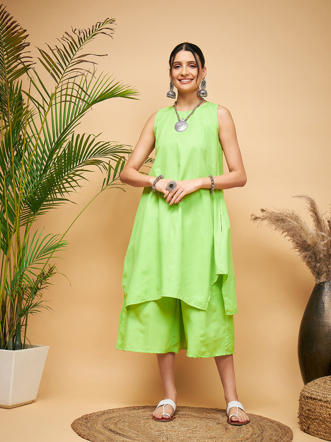 InWeave Women's Lime Green Short Kurta Palazzo Set | Grocsy