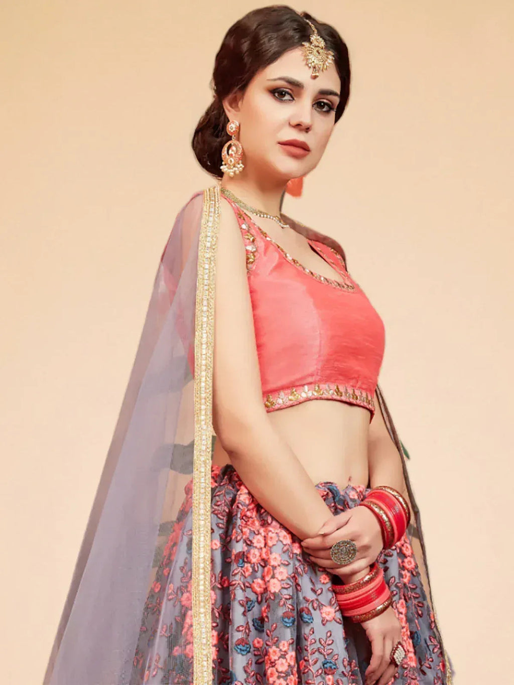 Tulsi Art Grey Floral Embroidered Net Bridal Lehenga Choli | Grocsy