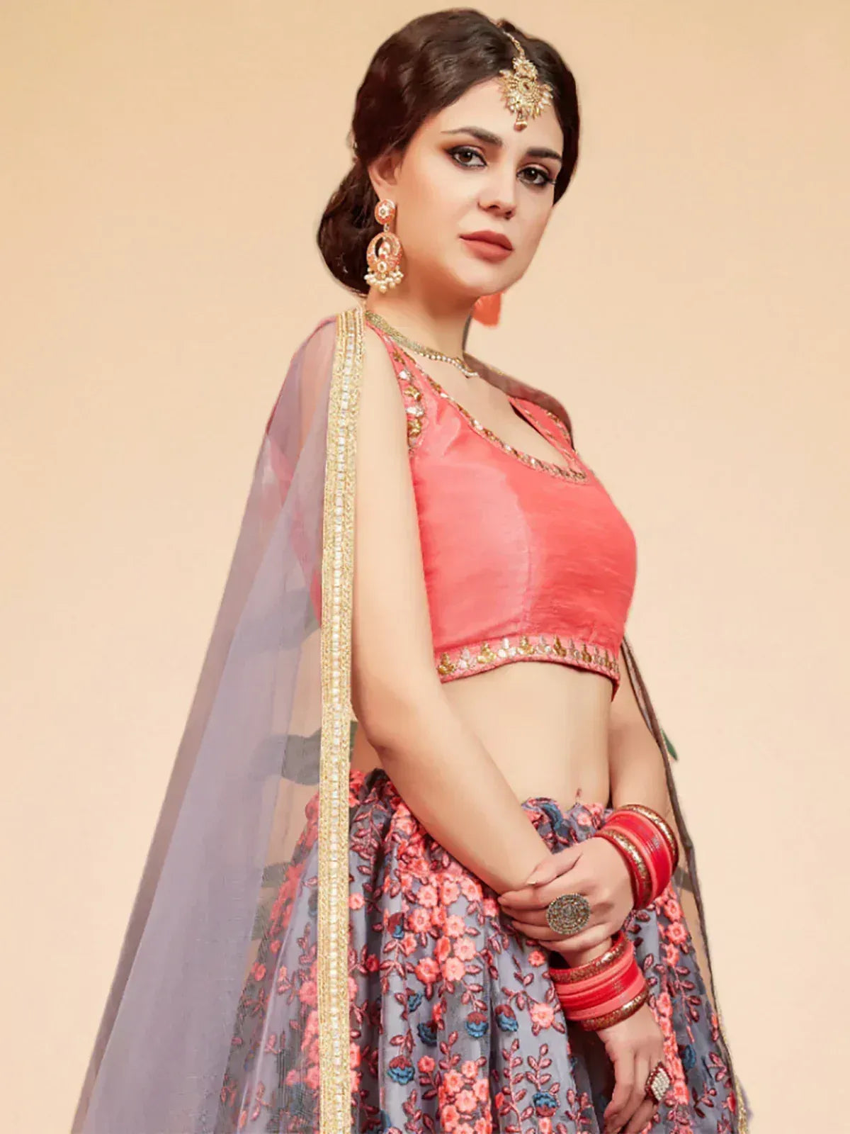 Tulsi Art Grey Floral Embroidered Net Bridal Lehenga Choli | Grocsy