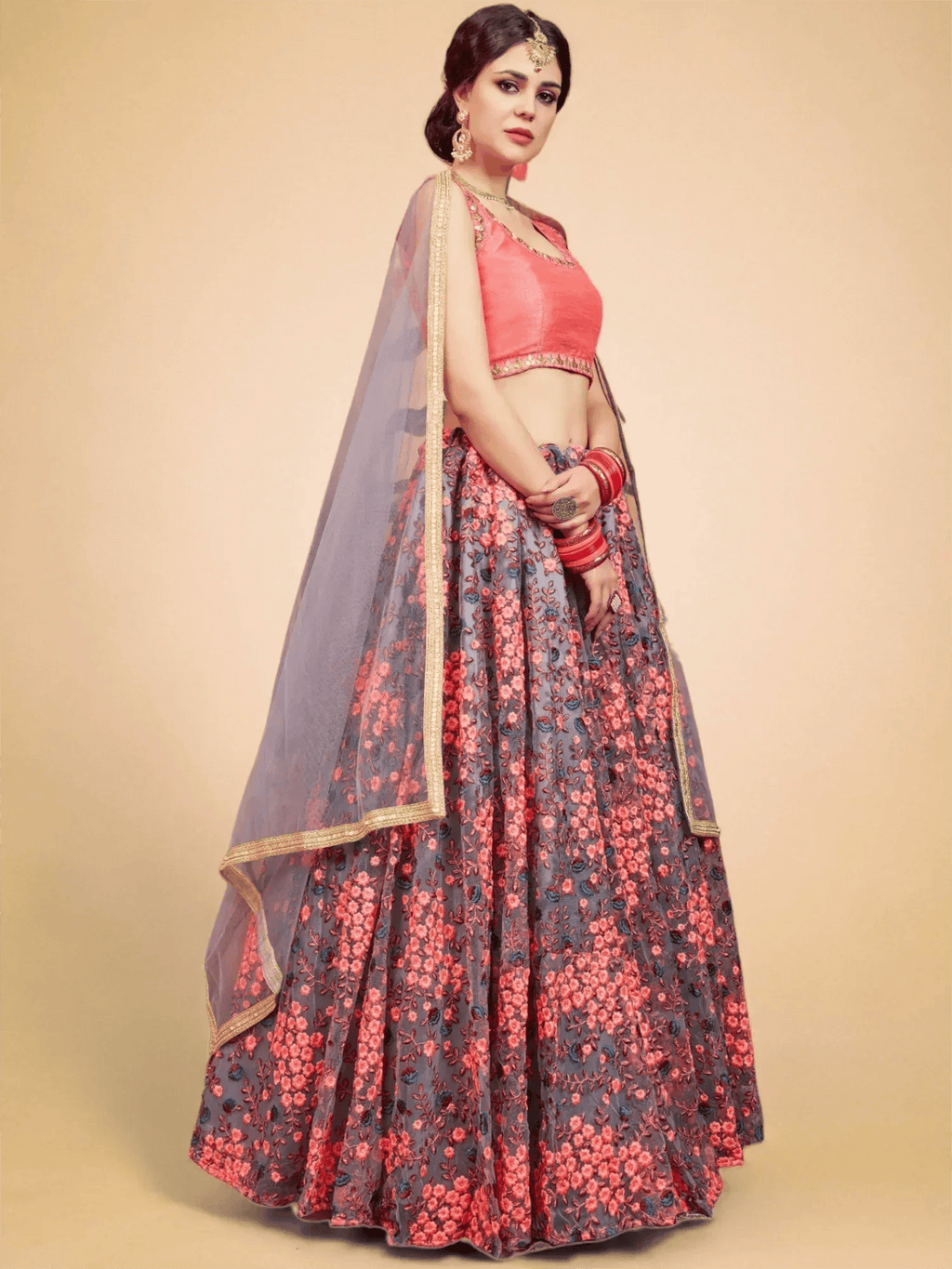 Tulsi Art Grey Floral Embroidered Net Bridal Lehenga Choli | Grocsy