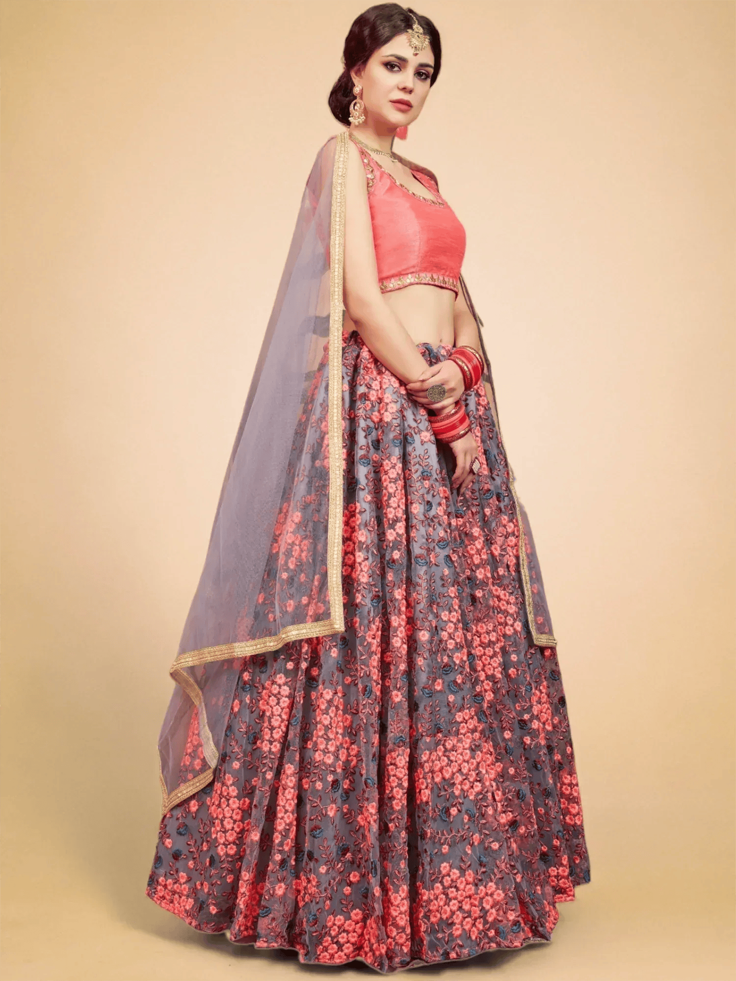 Tulsi Art Grey Floral Embroidered Net Bridal Lehenga Choli | Grocsy