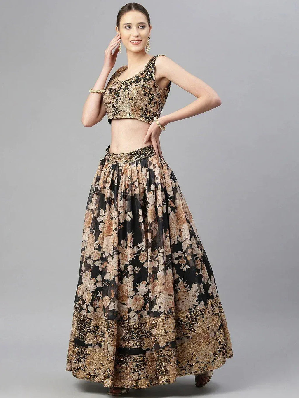 Tulsi Art Black & Beige Embellished Sequinned Semi-Stitched Lehenga & Unstitched Blouse | Grocsy