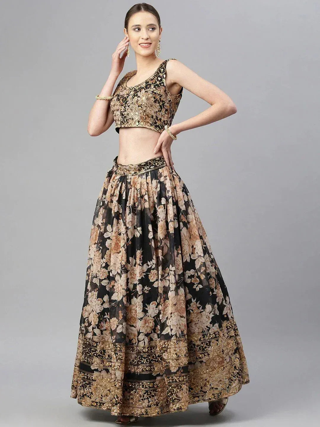 Tulsi Art Black & Beige Embellished Sequinned Semi-Stitched Lehenga & Unstitched Blouse | Grocsy