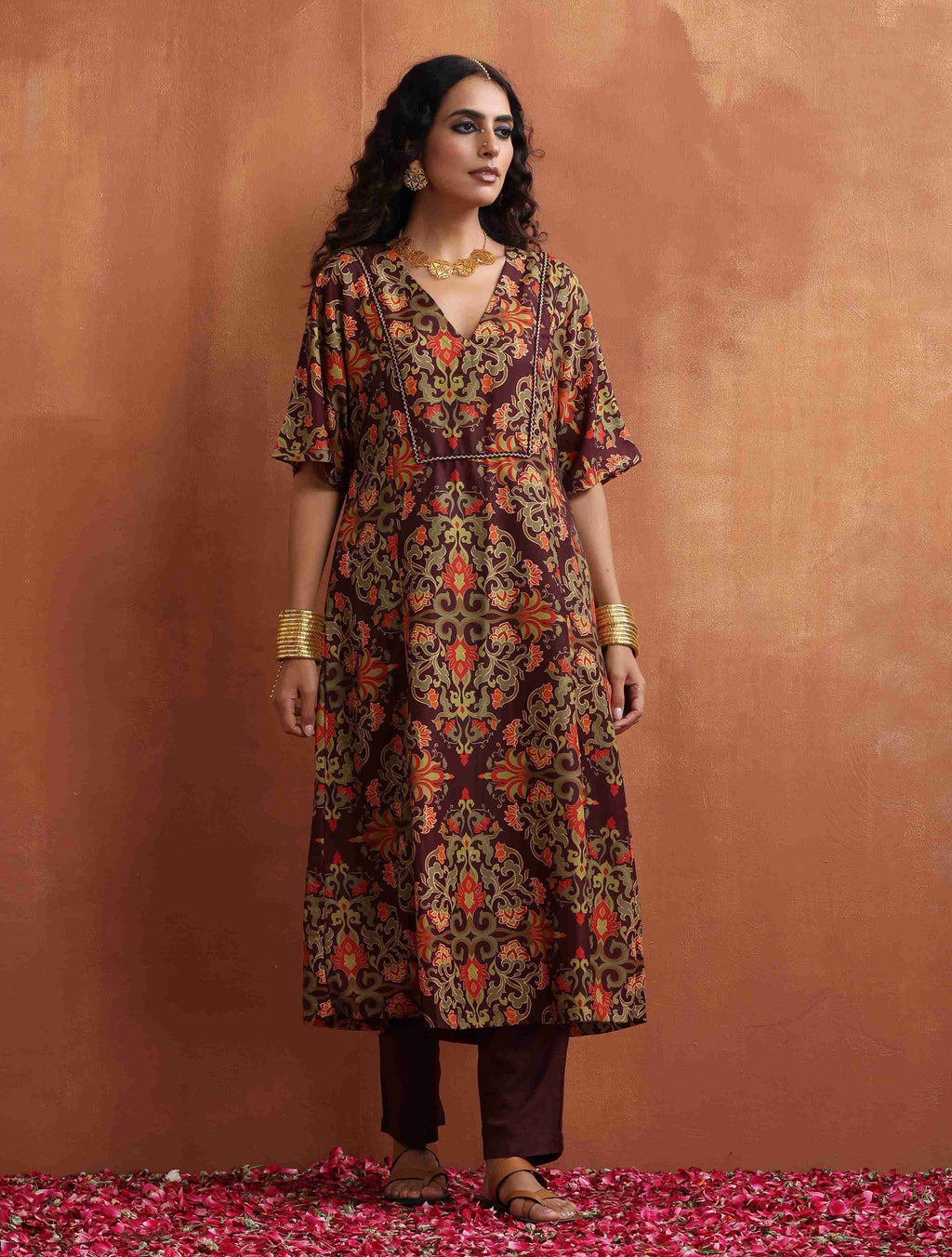 trueBrowns Brown Floral Print Kaftan Kurta Set | Grocsy