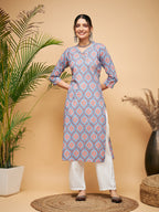 InWeave Women's Blue Pink Print Angrakha Style Straight Kurta Pant Set | Grocsy