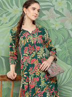 InWeave Women's Green Tropical Print Gota Long Dress | Grocsy