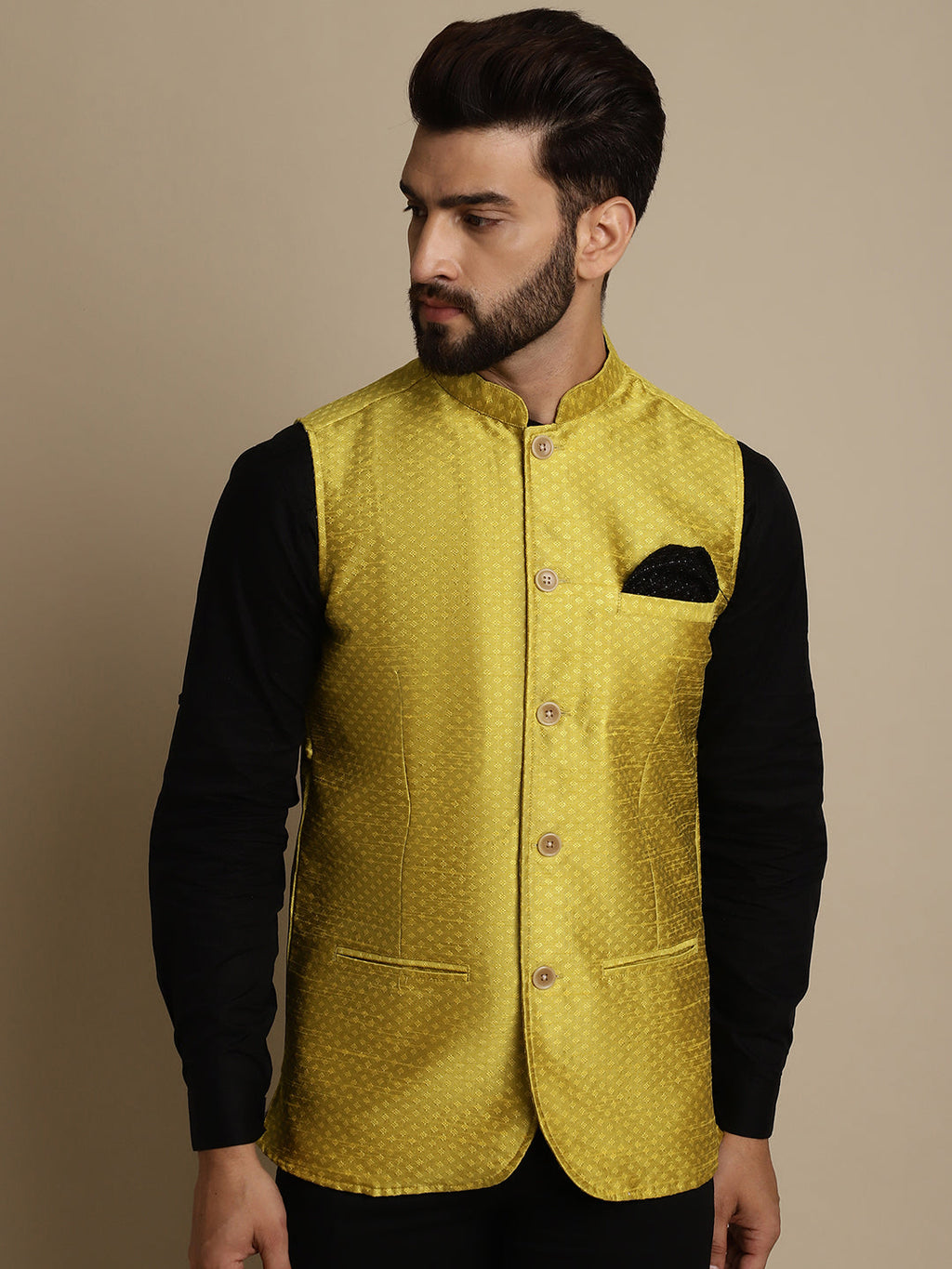 Even Apparels Men's Yellow Mandarin Collar Waistcoat | Grocsy