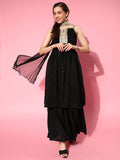 InWeave Women's Black Gota Insert Neckline Sharara Set | Grocsy