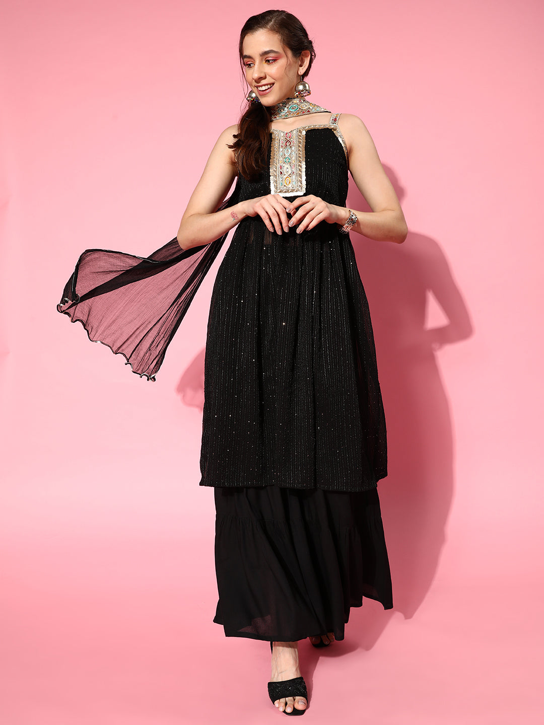 InWeave Women's Black Gota Insert Neckline Sharara Set | Grocsy