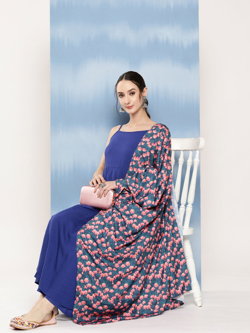 InWeave Women's Ink Blue Strappy Set With Navy Pink Lotus Cr Dupatta | Grocsy