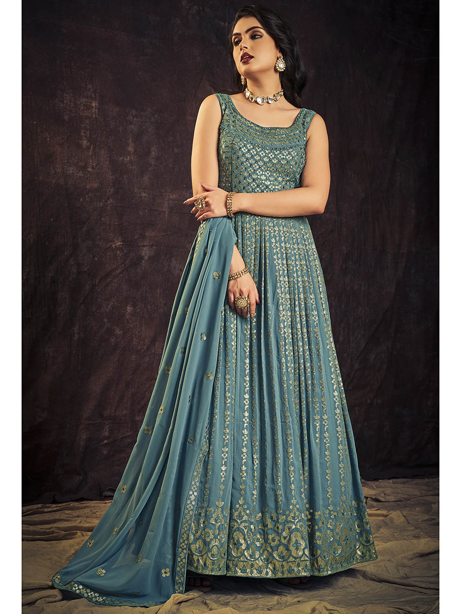 Myra Blue Real Georgette Designer Gown Style Suit | Grocsy