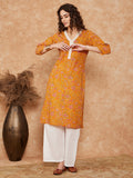 InWeave Women's Fire Yellow Print V Neck Lace Work Straight Kurta | Grocsy
