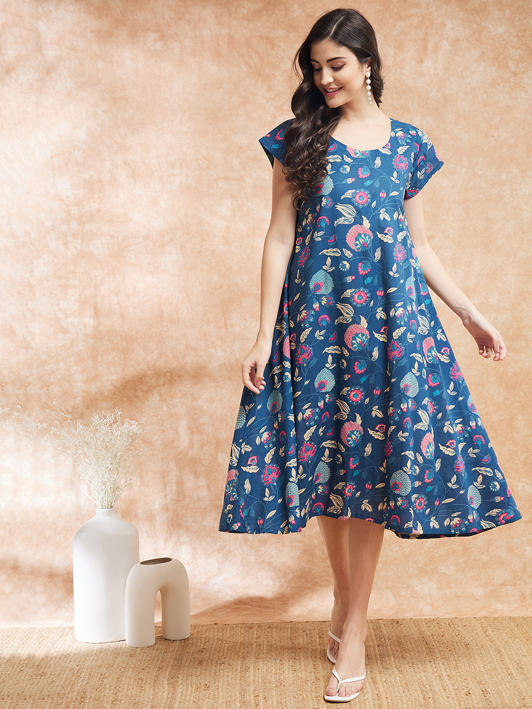 InWeave Women's Blue Pink Kalamkari A Line Dress | Grocsy