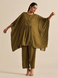 trueBrowns Olive Green Texture Doddy Kaftan Gathered Co-Ord Set | Grocsy