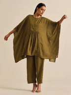 trueBrowns Olive Green Texture Doddy Kaftan Gathered Co-Ord Set | Grocsy