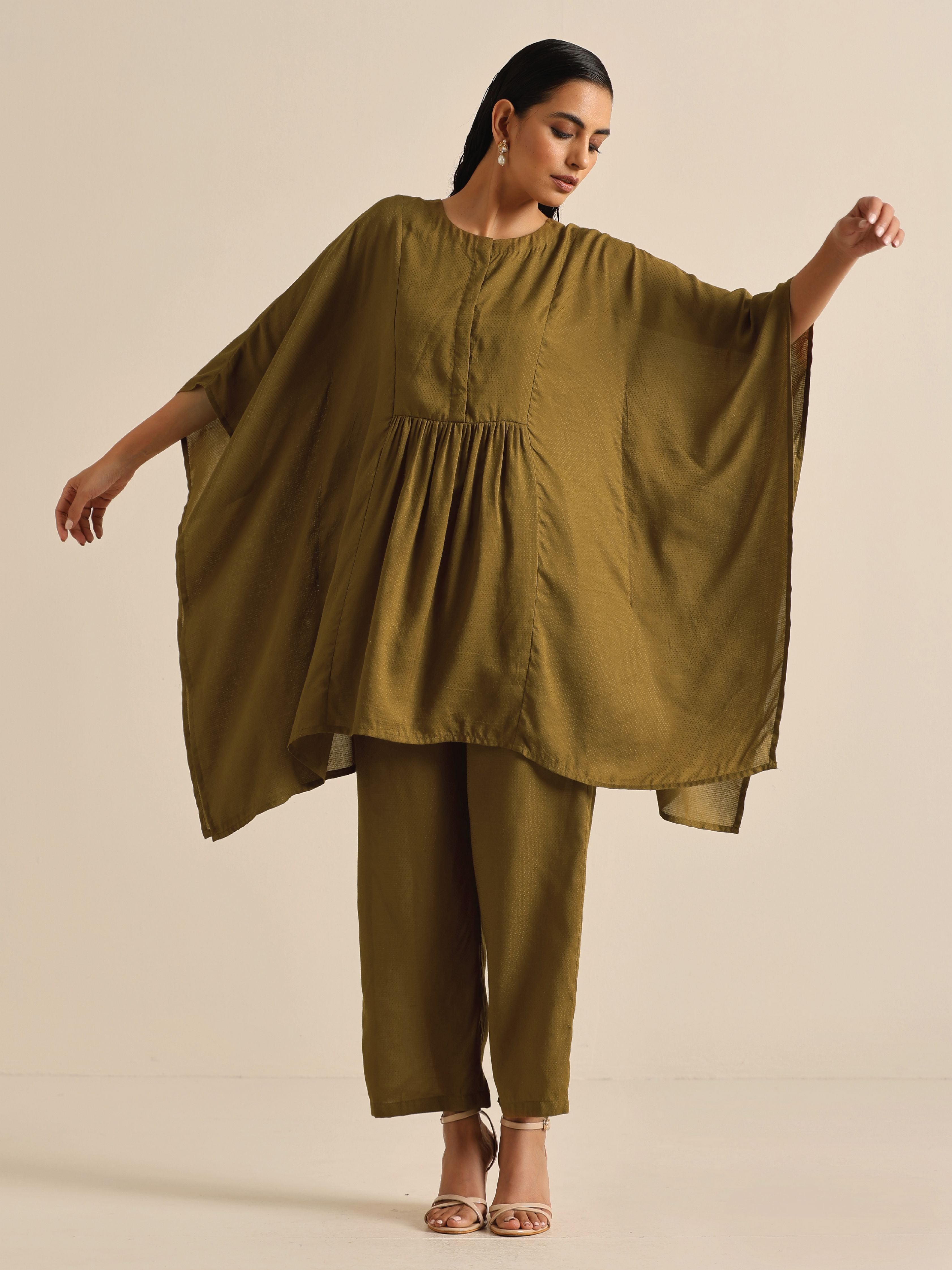 trueBrowns Olive Green Texture Doddy Kaftan Gathered Co-Ord Set | Grocsy