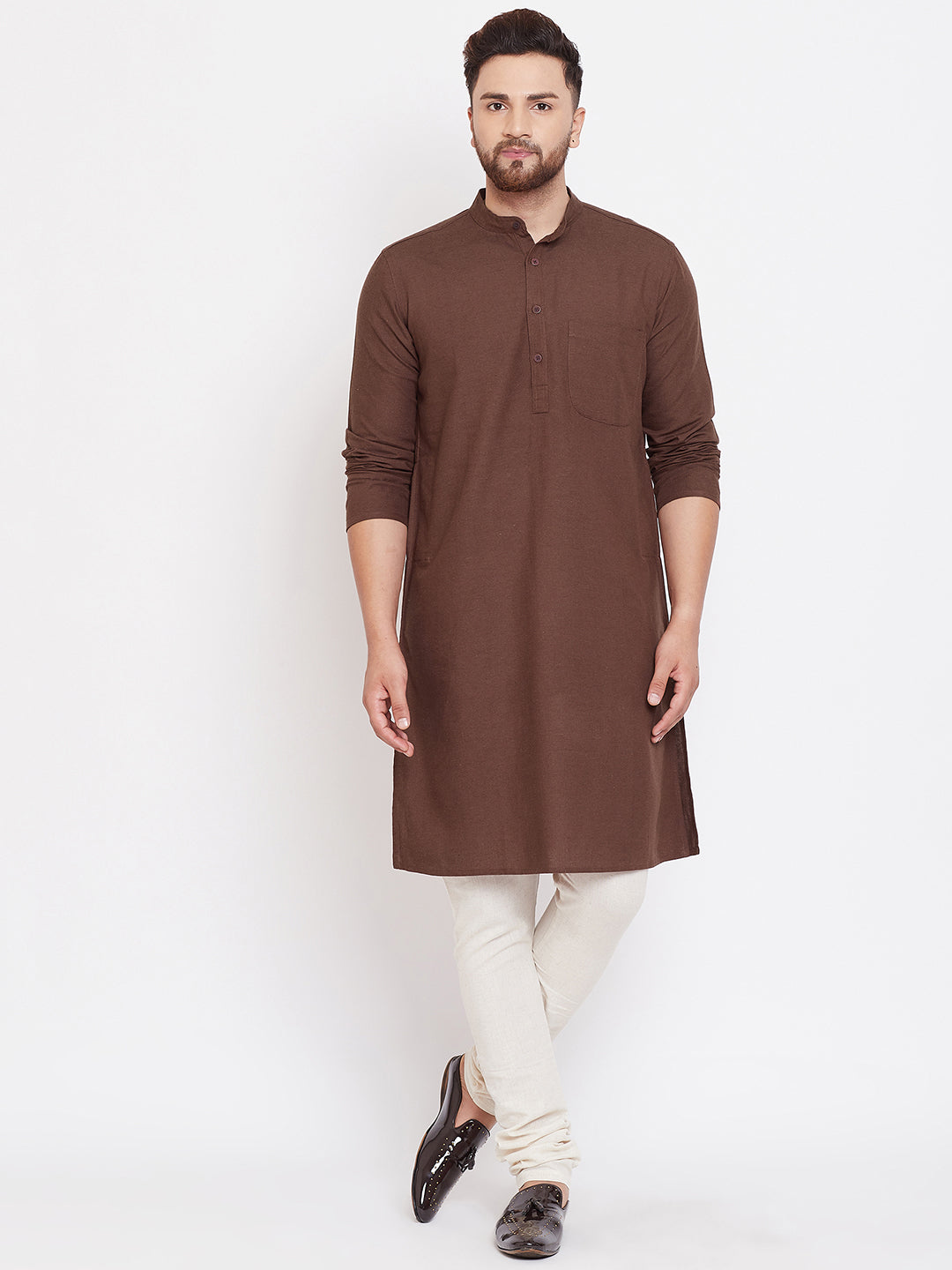Even Apparels Brown Solid Kurta With Band Collar | Grocsy