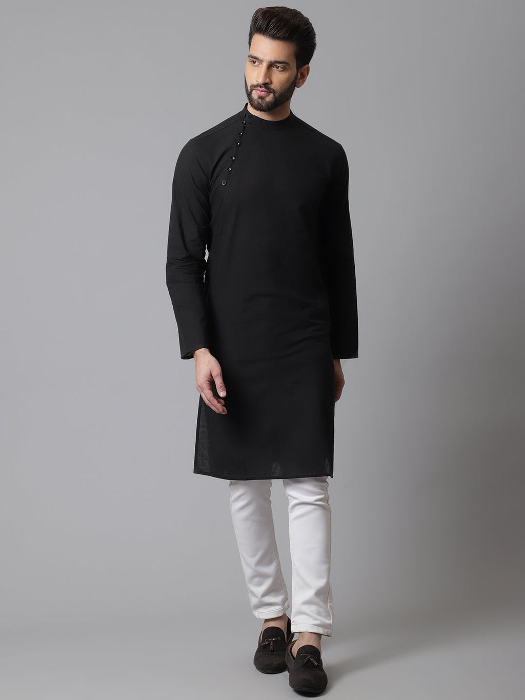 Even Apparels Black Solid Kurta With Band Collar | Grocsy