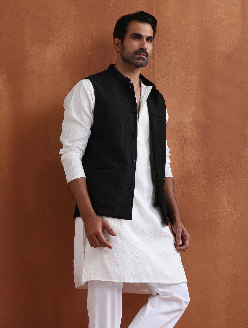trueBrowns Men's Black Textured Cotton Dobby Nehru Jacket | Grocsy