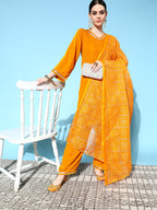 InWeave Women's Mustard Velvet Kurta Set With Mustard Kota Bandhani Dupatta | Grocsy