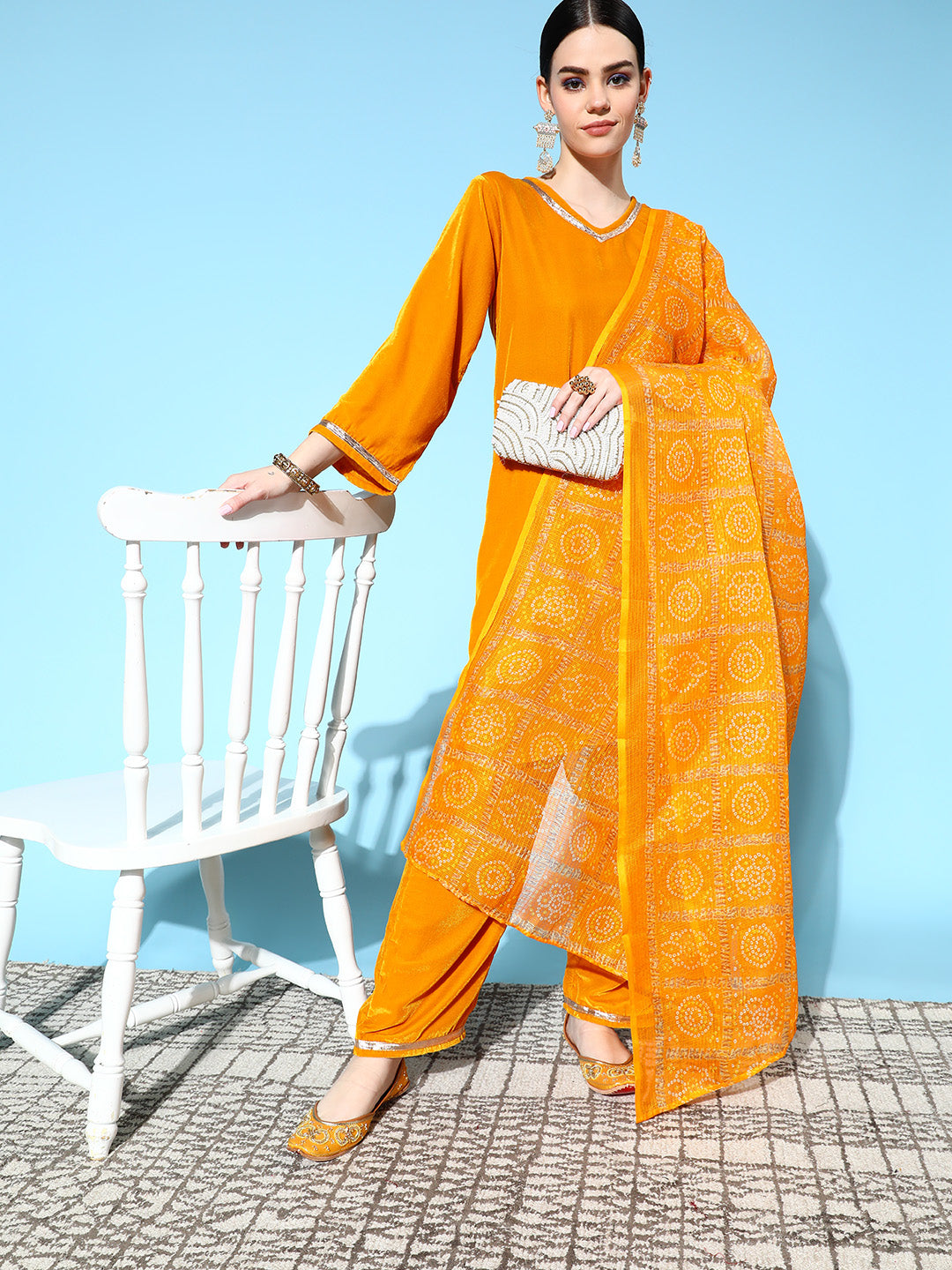 InWeave Women's Mustard Velvet Kurta Set With Mustard Kota Bandhani Dupatta | Grocsy