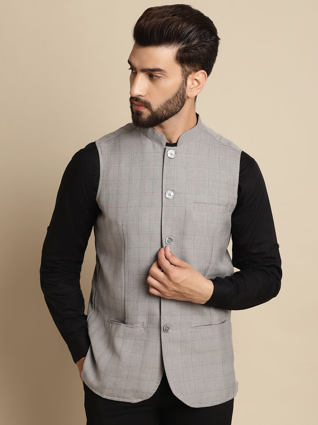 Even Apparels Men's Grey Mandarin Collar Waistcoat | Grocsy